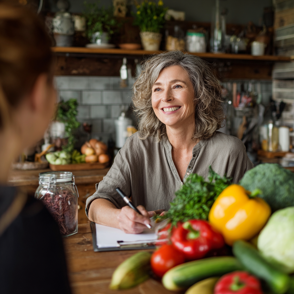 Усмихната жена диетолог на 54 години консултира клиент относно здравословно хранене